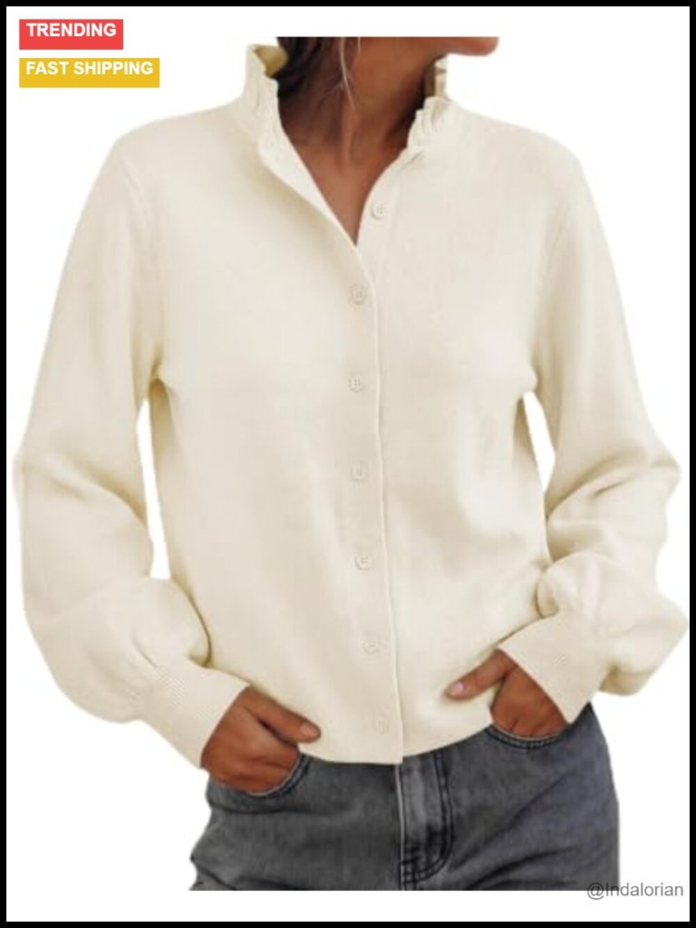 Womens Puff Long Sleeve Button Down Cardigan Sweater Ruffle Collar Knit